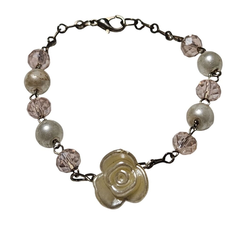 Vintage Faux Pearl Bracelet Flower Charm Pink Crystals Retro 50s 60s Jewelry